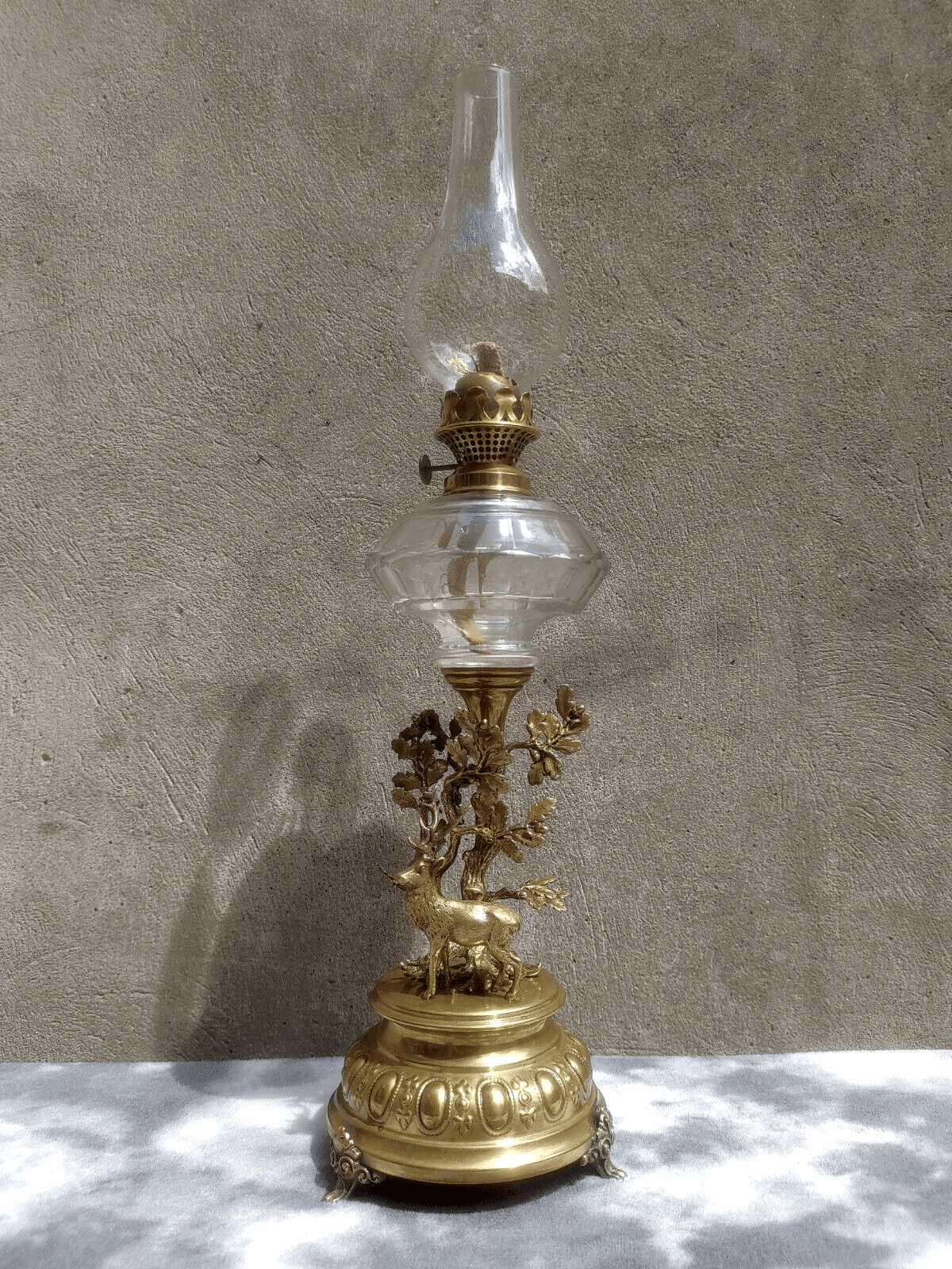 19th Century Antique Art Nouveau Brass & Cut Glass Stag Deer Oil Lamp Light