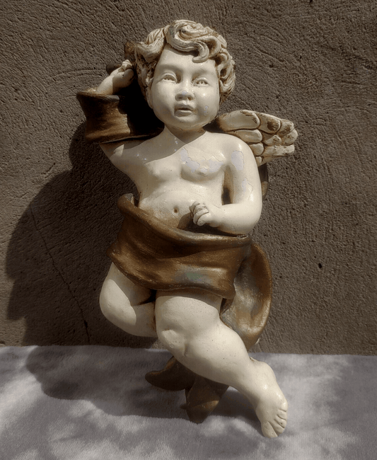 Vintage French Painted Pottery Cherub Angel Putti Wall Plaque Hanging - 29.5 cm - Tommy's Treasure