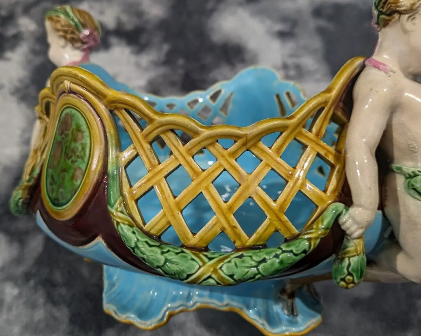 Rare Mintons Majolica Carrier-Belleuse Lattice Basket Faun 19th Century Antique Ceramic