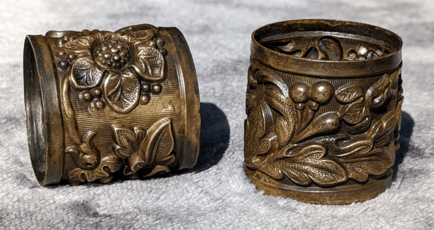 Antique Pair of Art Nouveau Floral Repousse Brass Napkin Serviette Rings - Tommy's Treasure