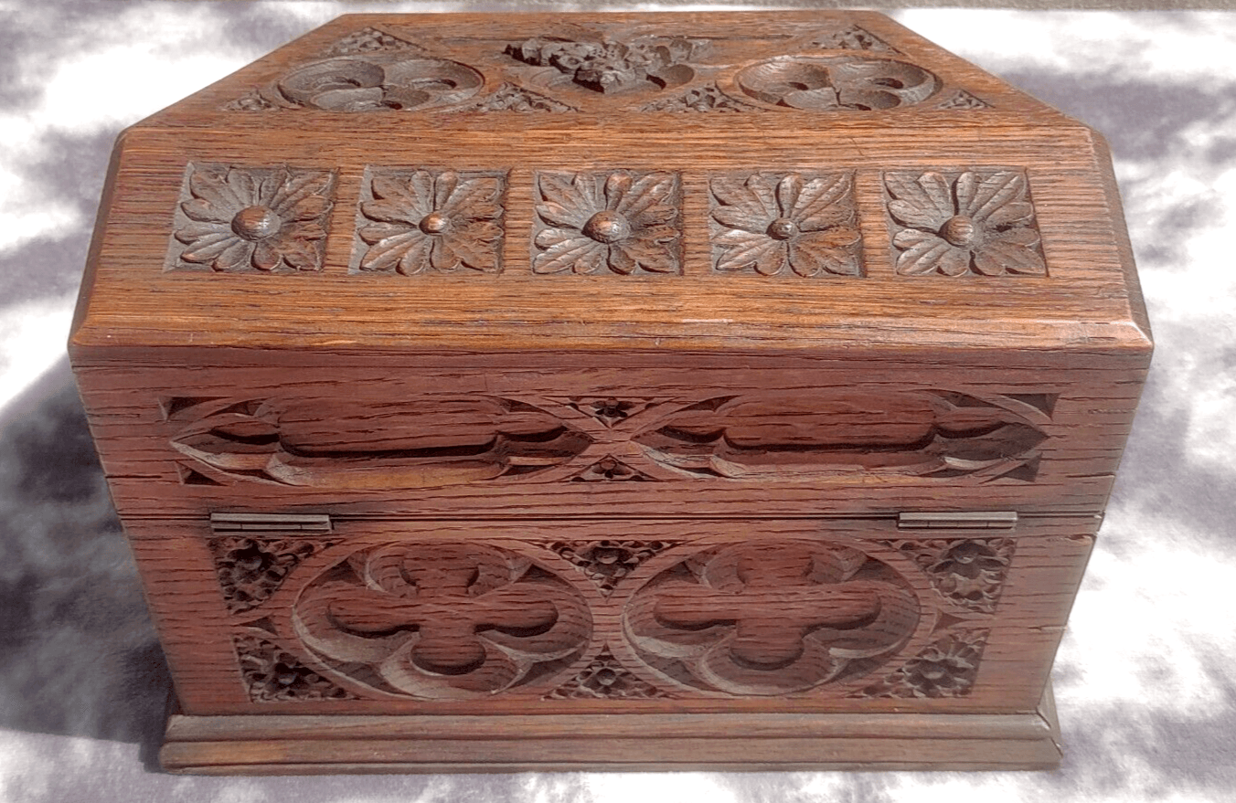 19th Century Gothic Church Ecclesiastical Antique Carved Oak Wood Stationery Box - Tommy's Treasure