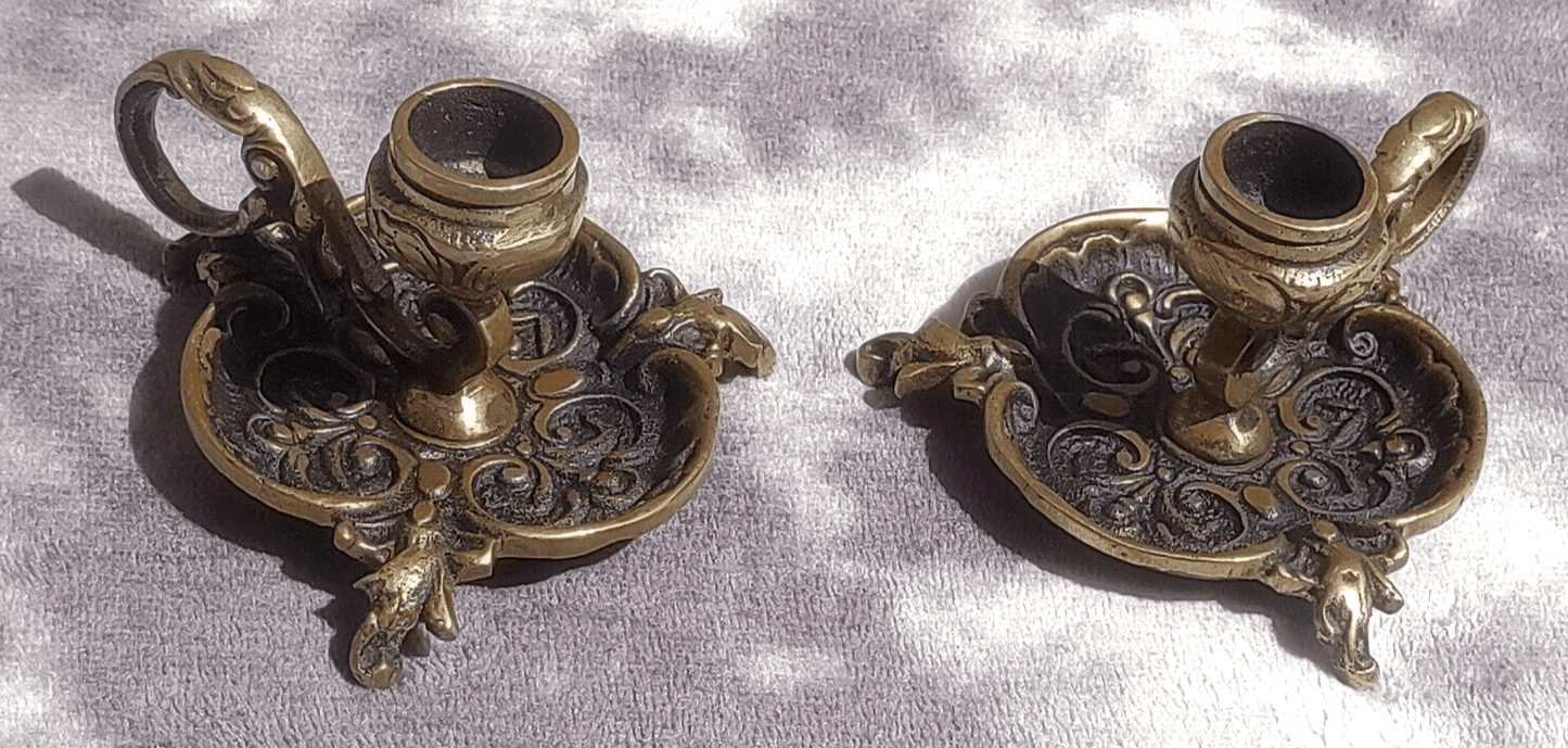 Antique Pair of Brass Art Nouveau Thistle Candlestick Holder Chambersticks - Tommy's Treasure