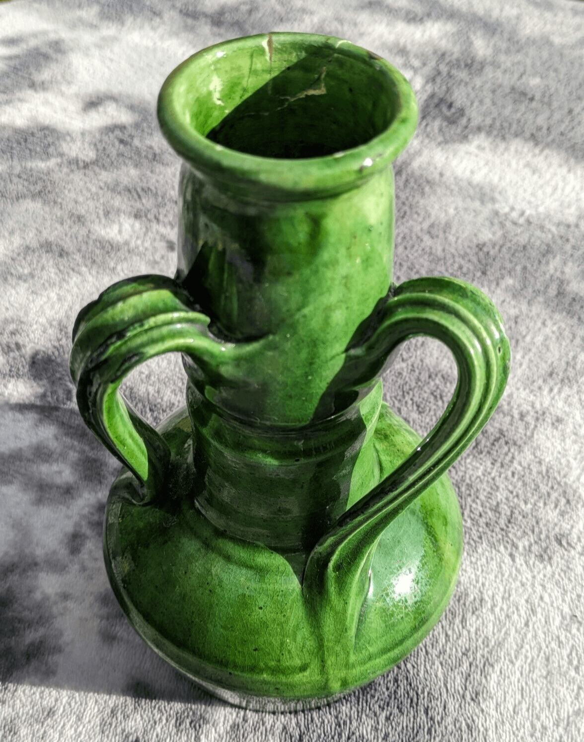 Art Nouveau Green Glazed Twisting Triple Handled Antique Pottery Vase 20 cm - Tommy's Treasure