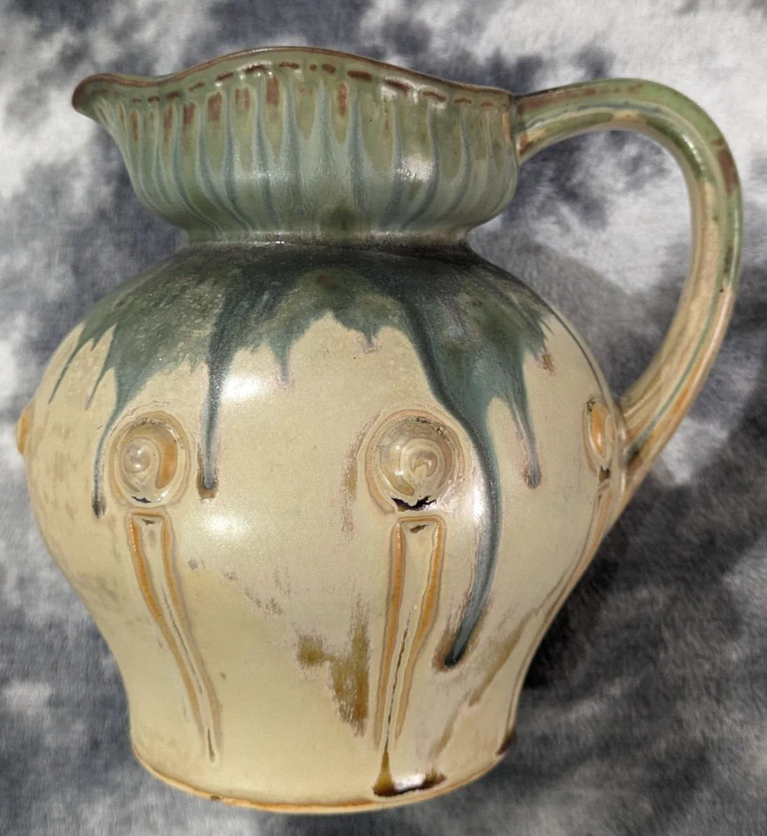 French Vintage Drip Glaze Denbac Arts & Crafts Pitcher Jug Ceramic Pottery