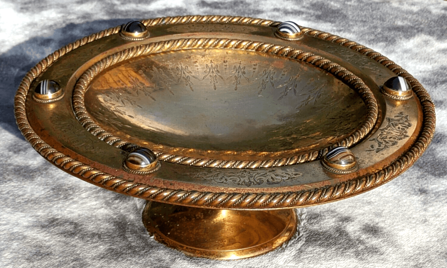 Antique 19th Century Scottish Arts Crafts Agate Cabochon Gilt Bronze Tazza Bowl - Tommy's Treasure