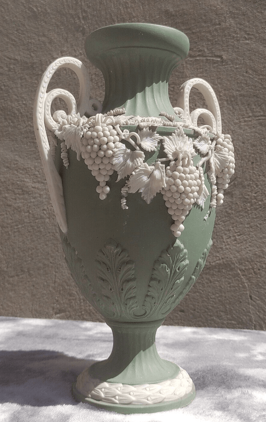 Victorian Antique Green Parian Jasperware Porcelain Vase with Vines & Grapes - 27 cm - Tommy's Treasure