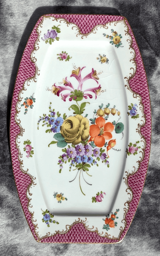 Antique German Dresden Hand Painted Floral Porcelain Plate Tray Platter - 28 cm - Tommy's Treasure