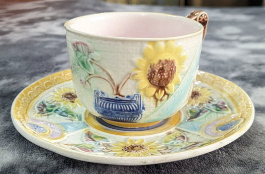 Victorian Aesthetic Movement Majolica Sunflower Urn Samuel Lear Teacup and Saucer Antique 19th Century
