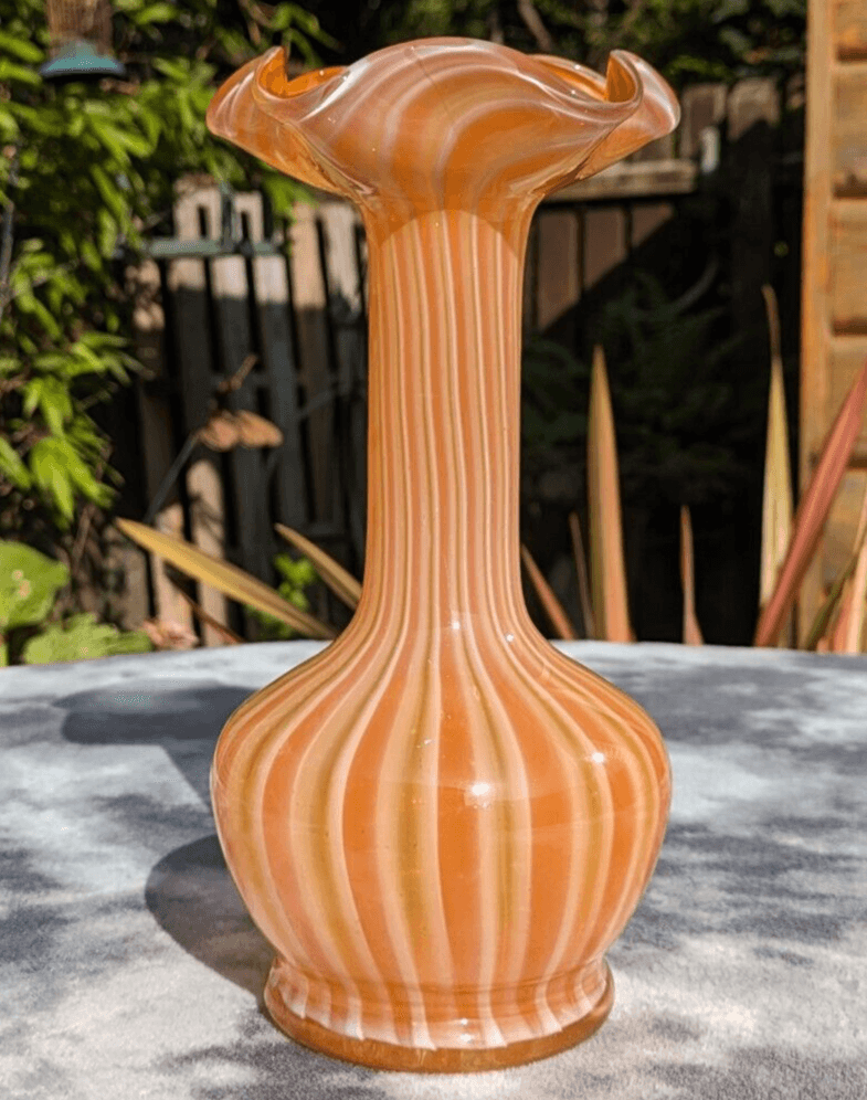 Mid Century Murano Italian Vintage Candy Striped Orange White Glass Vase - 23 cm - Tommy's Treasure