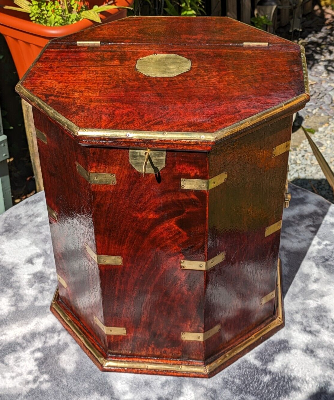 19th Century English Antique Octagonal Mahogany Brass Antique Campaign Table Box
