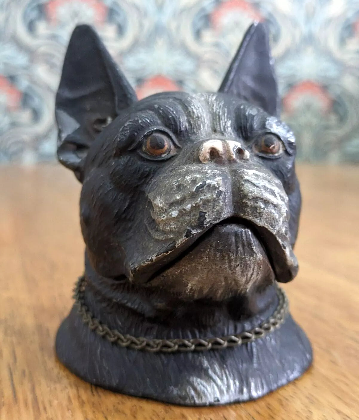 19th Century Cold Painted Spelter French Bull Dog Inkwell Collar Novelty Antique