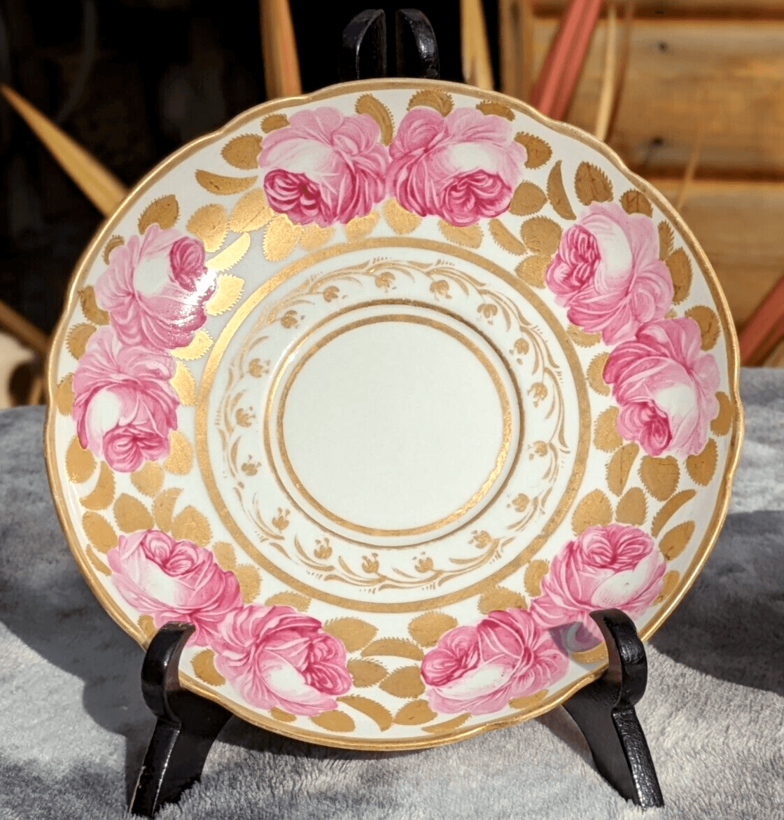 19th Century Paris Porcelain Antique Cup & Saucer Painted Gilt Billingsley Rose - Tommy's Treasure