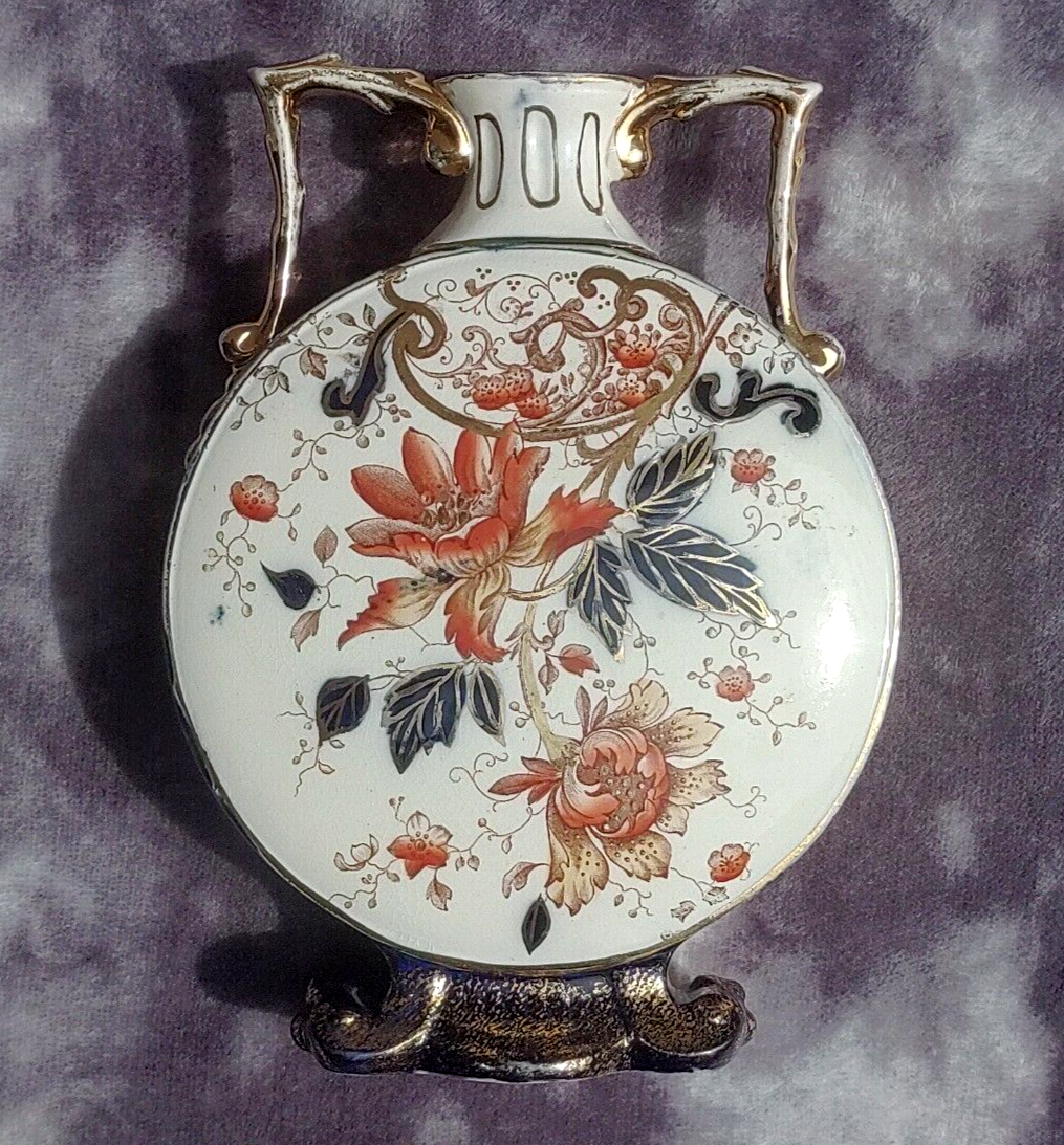 Victorian 1891 Ceramic Moon Flask Vase Antique Staffordshire Imari Style 19.5 cm