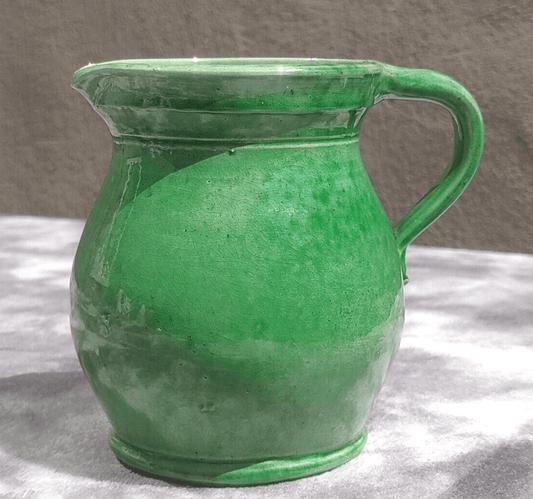 Antique French Green Tin Glazed Ceramic Pottery Farm Water Milk Jug Pitcher - Tommy's Treasure