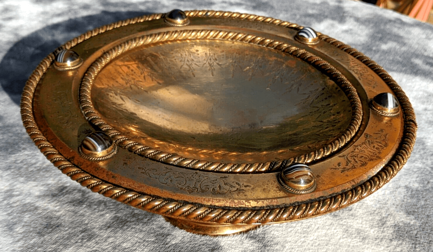 Antique 19th Century Scottish Arts Crafts Agate Cabochon Gilt Bronze Tazza Bowl - Tommy's Treasure