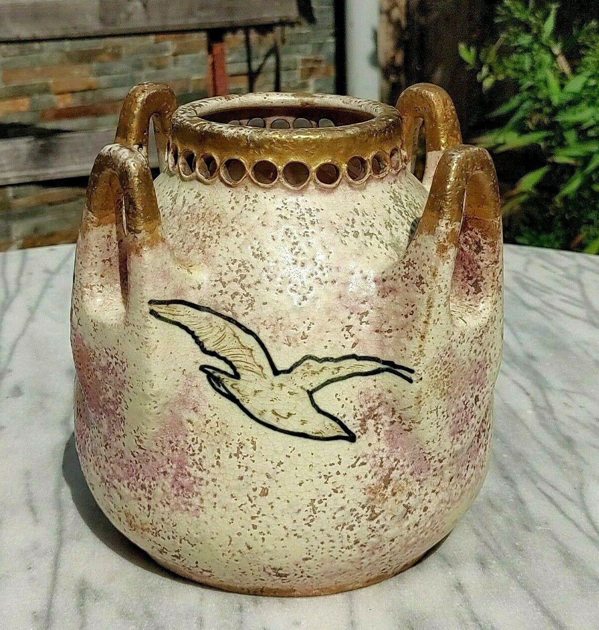 c.1900 Austrian Amphora Teplitz Pottery Enamelled Gull Vase Antique Art Nouveau