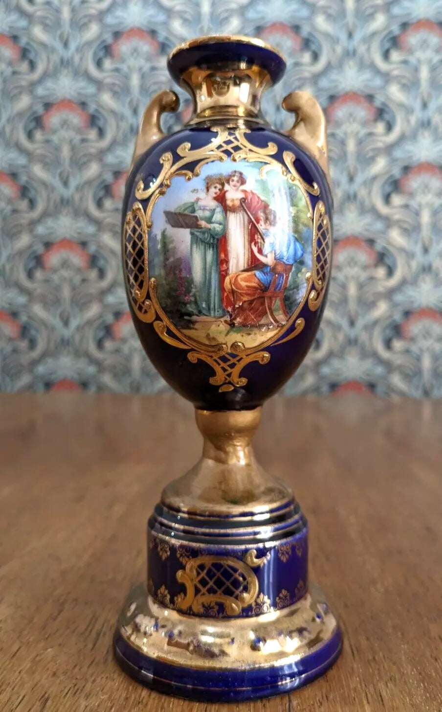 20th Century Austrian Hand Painted Cobalt Ceramic Urn Vase Antique Josef Strnact