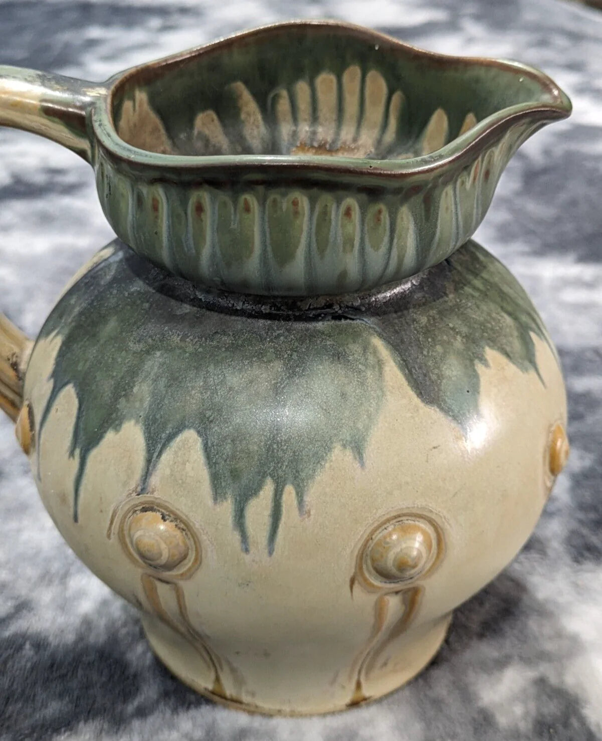 French Vintage Drip Glaze Denbac Arts & Crafts Pitcher Jug Ceramic Pottery