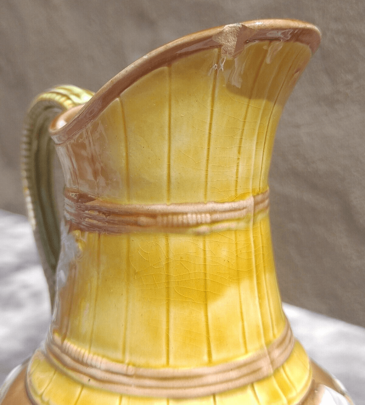 Antique Majolica Ceramic Pottery Ribbons & Blossom Barrel Jug - Tommy's Treasure