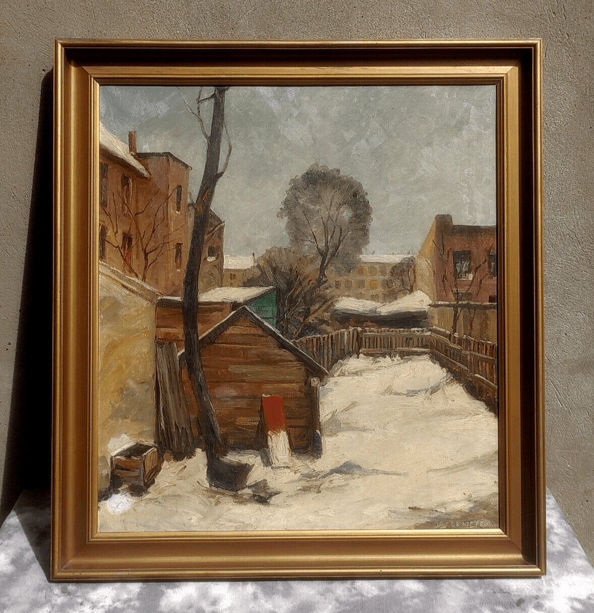 Jacob Meyer (Denmark, 1895-1971) Winter Backyard Original Landscape Oil Painting - Tommy's Treasure