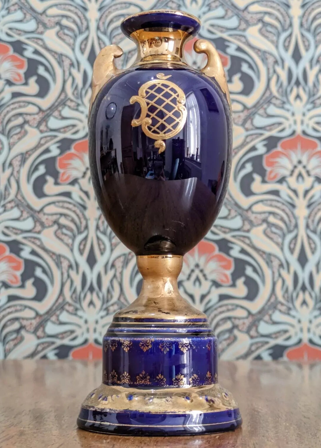 20th Century Austrian Hand Painted Cobalt Ceramic Urn Vase Antique Josef Strnact