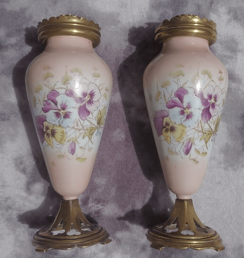 Antique Pair of 19th Century William Tonks & Sons Brass Ceramic Candlestick Holders - Tommy's Treasure