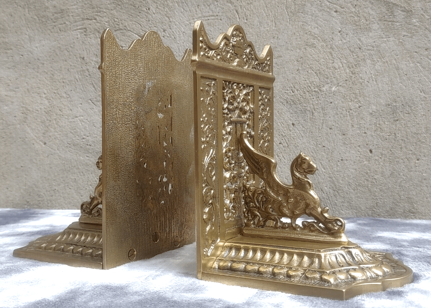 Antique 1920s French Pierced Brass Mythological Gothic Winged Griffin Bookends - Tommy's Treasure