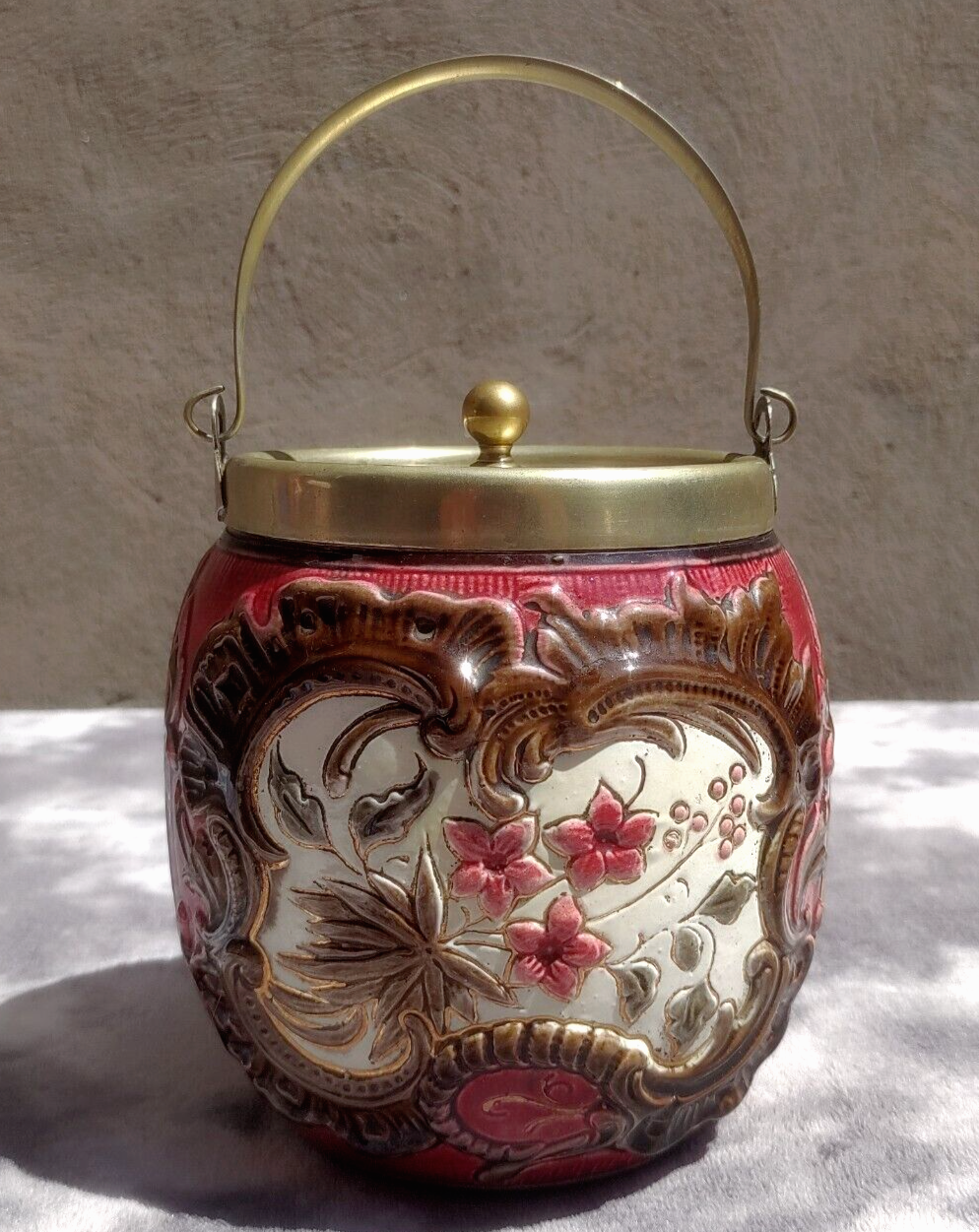 Antique Victorian Majolica Ceramic Pottery Biscuit Cookie Barrel Jar Container