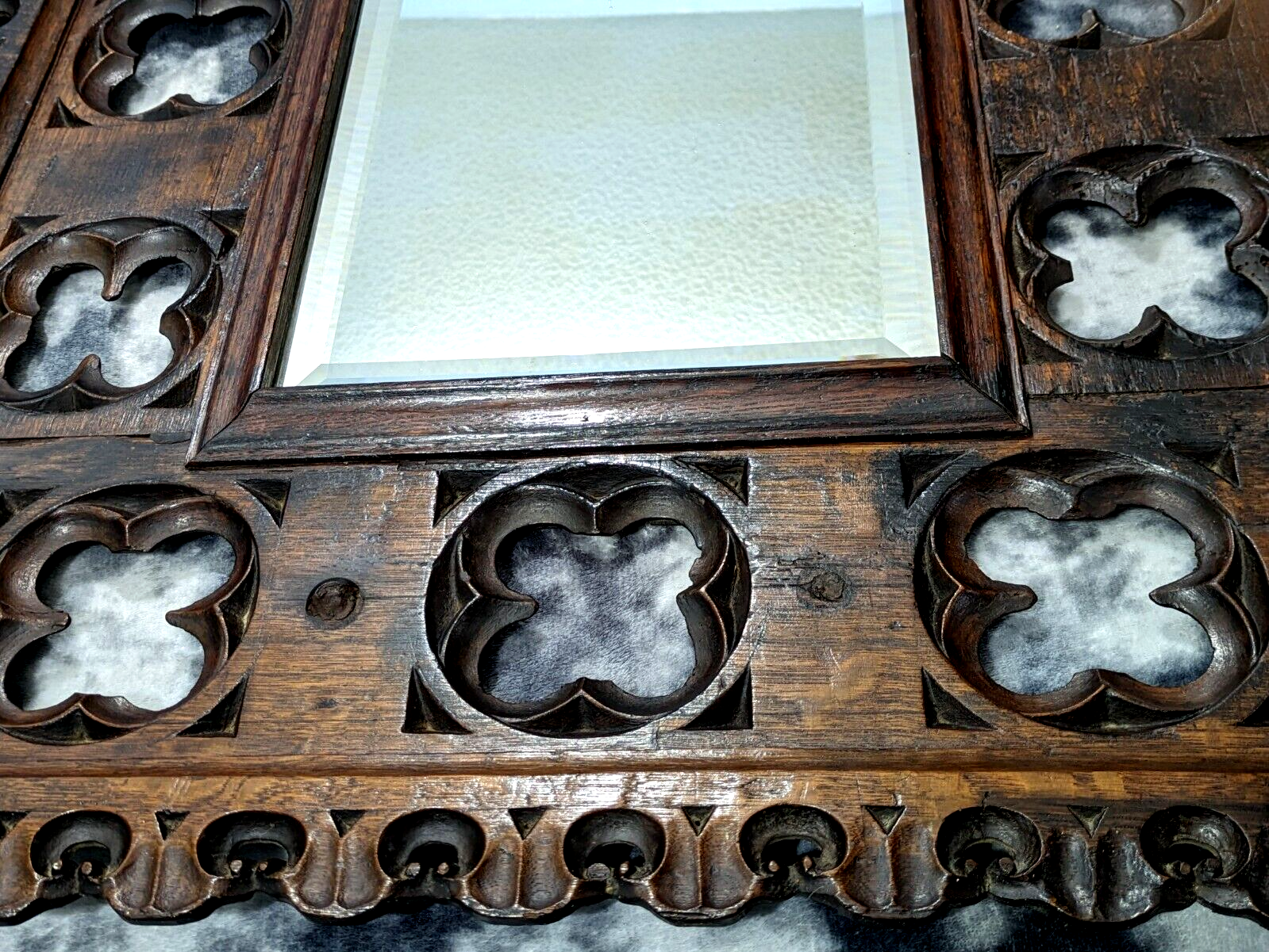15th Century Gothic Carved Oak Wood Quatrefoil Tracery Panel Antique 19th Mirror