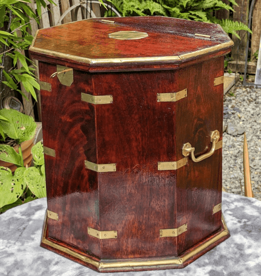 19th Century English Antique Octagonal Mahogany Brass Antique Campaign Table Box - Tommy's Treasure