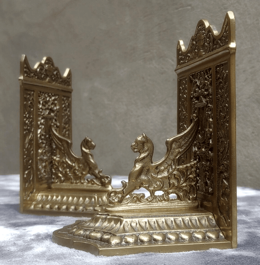 Antique 1920s French Pierced Brass Mythological Gothic Winged Griffin Bookends - Tommy's Treasure