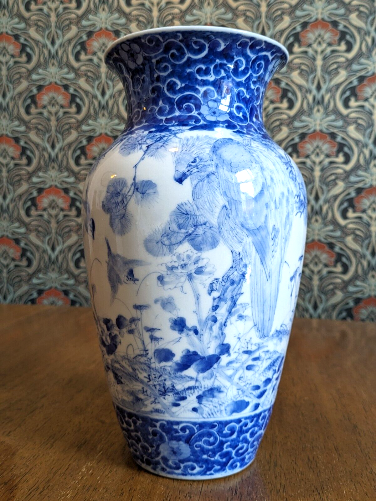 19th Century Japanese Meiji Arita Handpainted Blue White Eagle Antique Vase 30cm