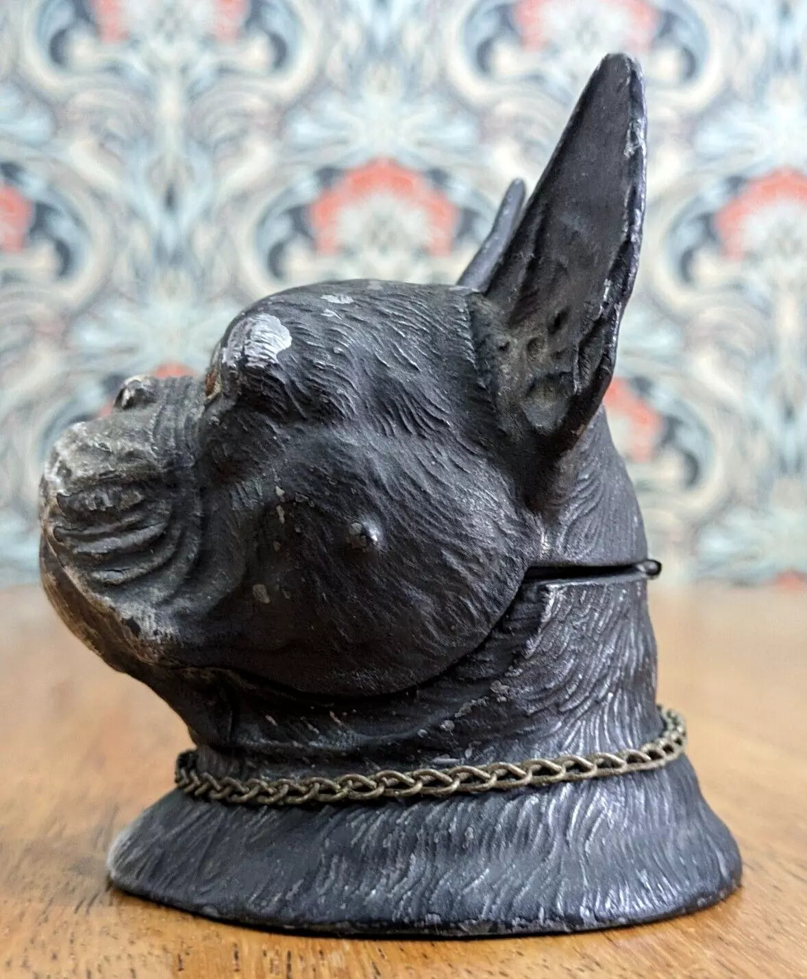 19th Century Cold Painted Spelter French Bull Dog Inkwell Collar Novelty Antique