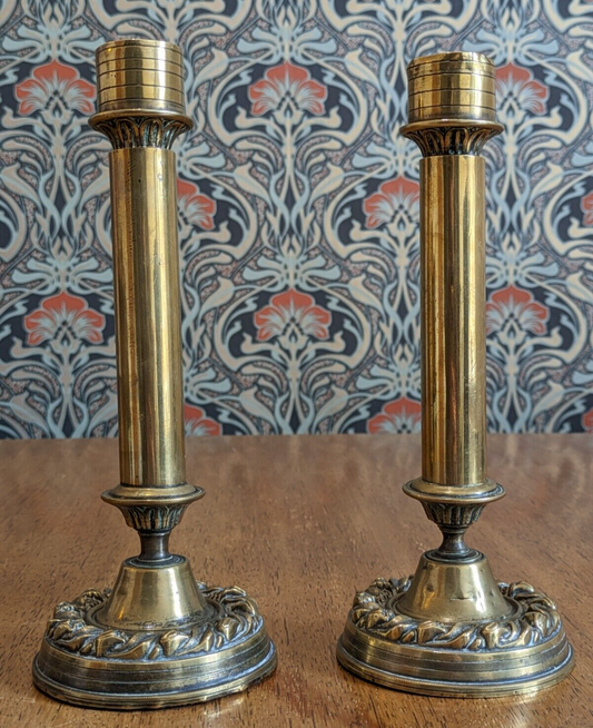Pair of Arts & Crafts Brass Column Candlestick Holders Antique