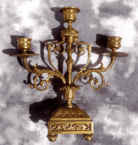 19th Century French Antique Gilt Brass Three Light Candelabra Candlestick Holder - Tommy's Treasure