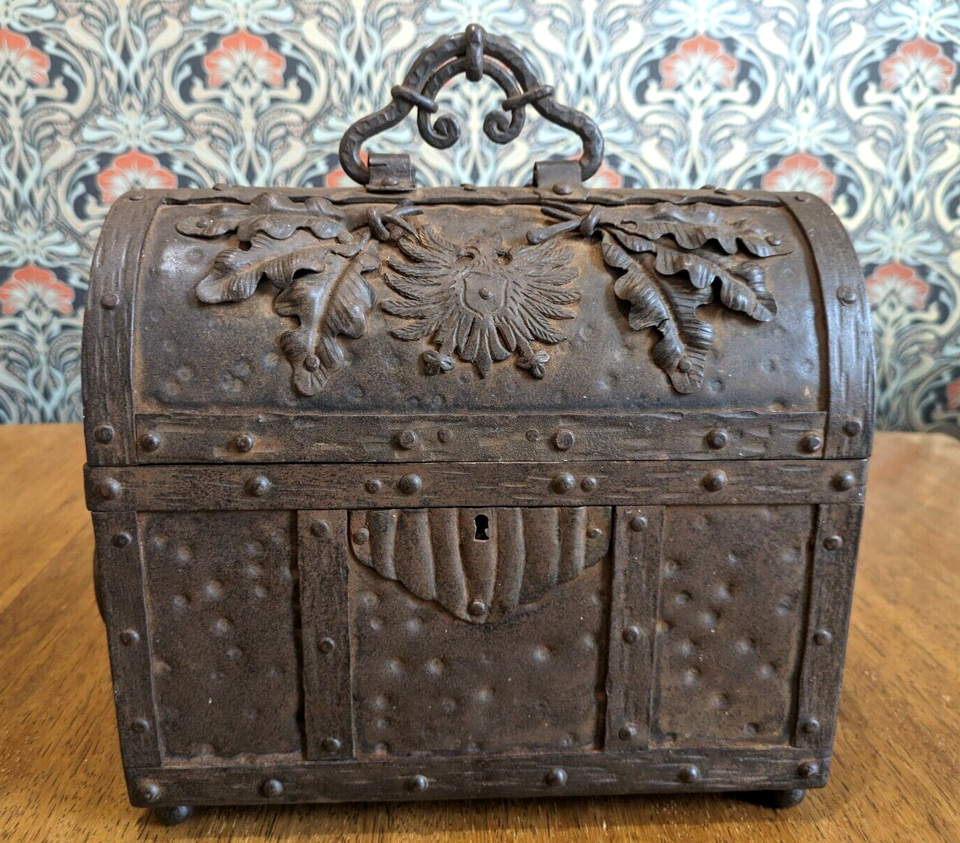 Large Antique Gothic German Medieval Style Wrought Iron Domed Casket Chest Box
