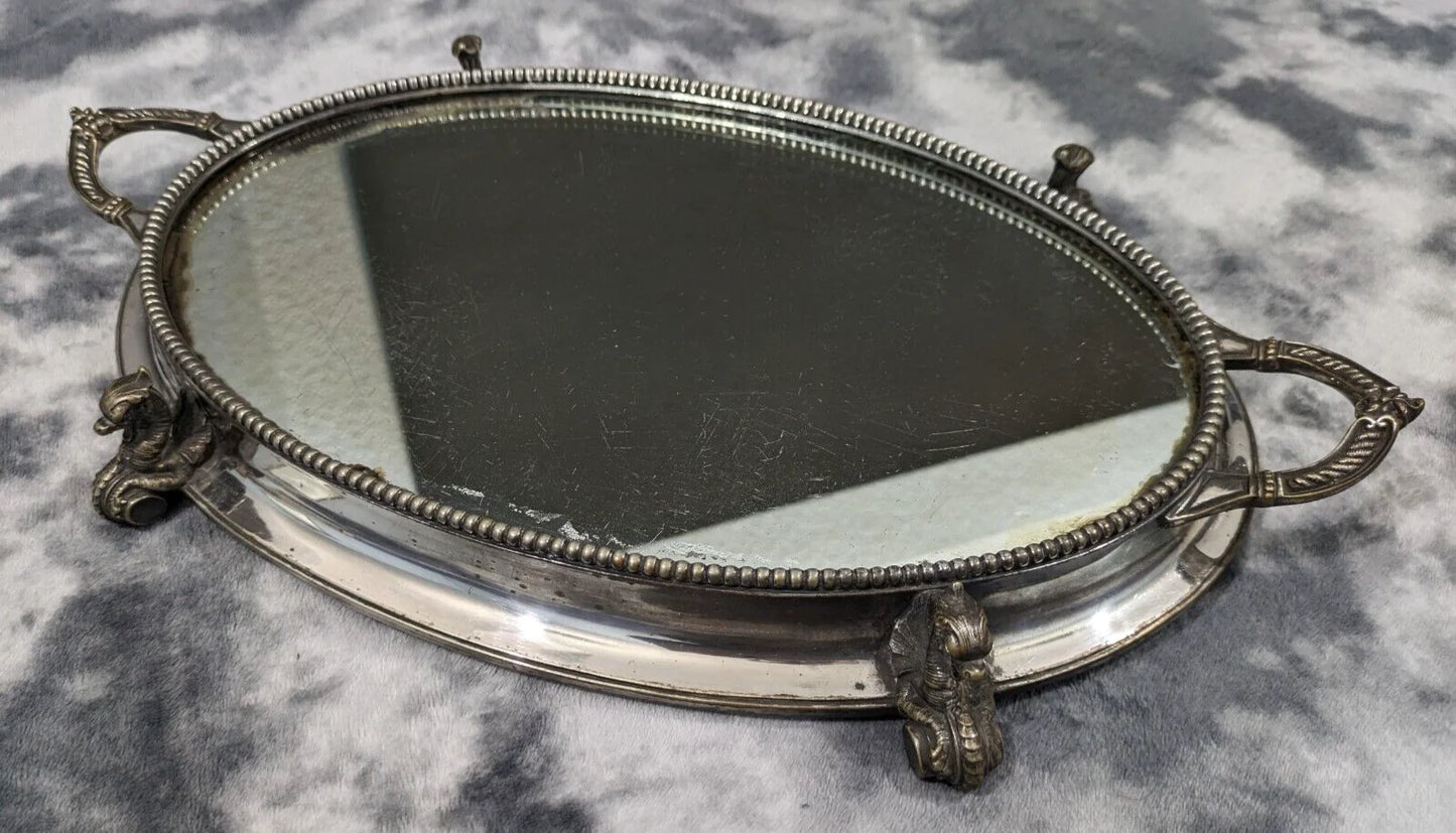 19th Century Victorian Oval Silver Plate Mirror Table Centerpiece Plateau Griffin Tray Antique 43 cm