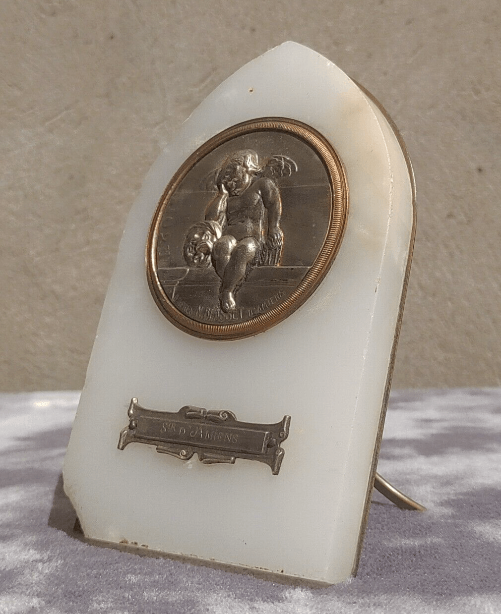 Antique French Marble Display Plaque Weeping Angel of Amiens WW1 Memento Souvenir - Tommy's Treasure