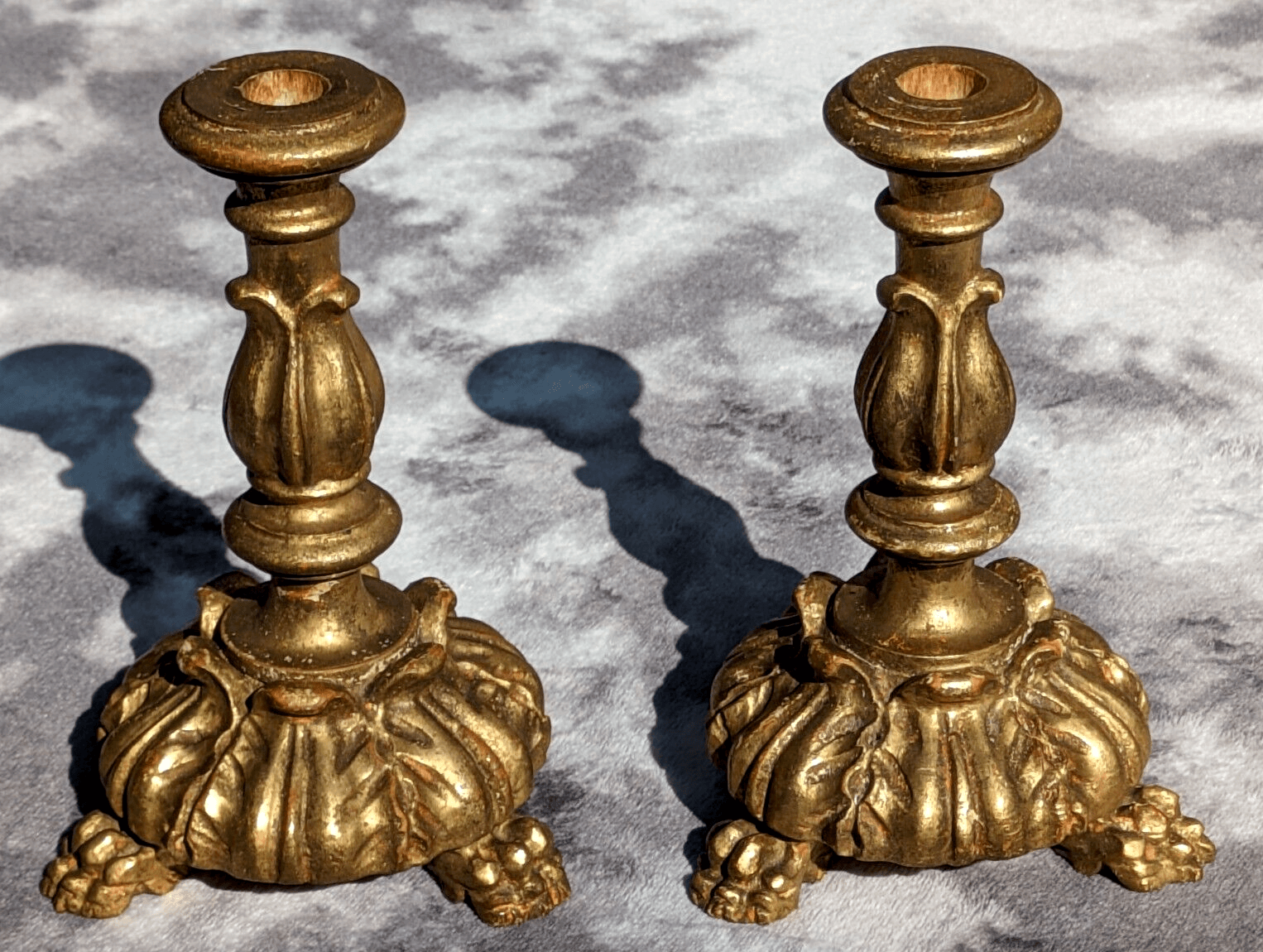 19th Century Pair French Carved Gilt Wood Claw Feet Antique Candlestick Holders - Tommy's Treasure