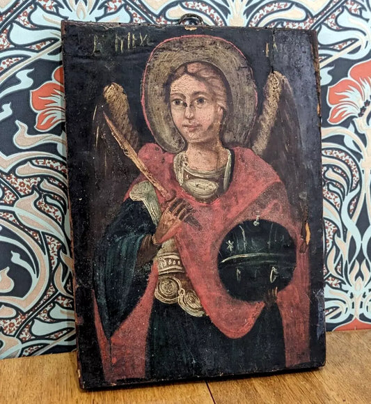 18 19th Century Oil Panel Archangel Michael Orthodox Religious Icon Painting Art