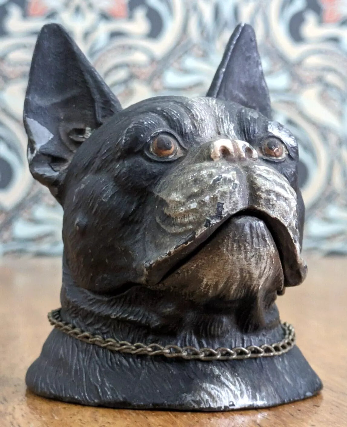 19th Century Cold Painted Spelter French Bull Dog Inkwell Collar Novelty Antique