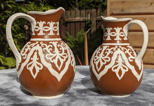 19th Century Pair William Brownfield Cobridge Tyrol Jug Antique Pottery Pitchers - Tommy's Treasure