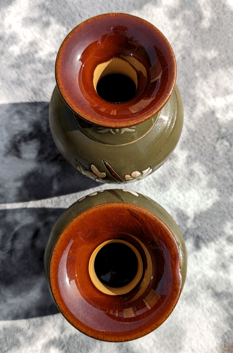 English Antique Pair Lovatt Langley Mill Ware Pottery Sgraffito Daffodil Vases - Tommy's Treasure