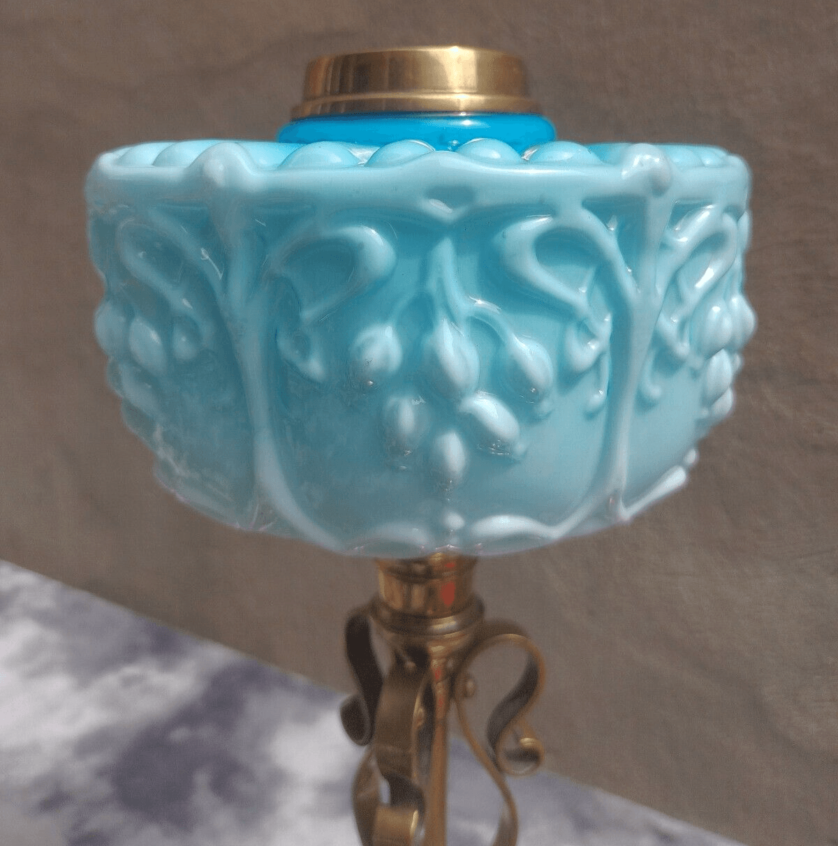 Victorian Art Nouveau Antique Moulded Turquoise Blue Opaline Glass Oil Lamp Font - Tommy's Treasure