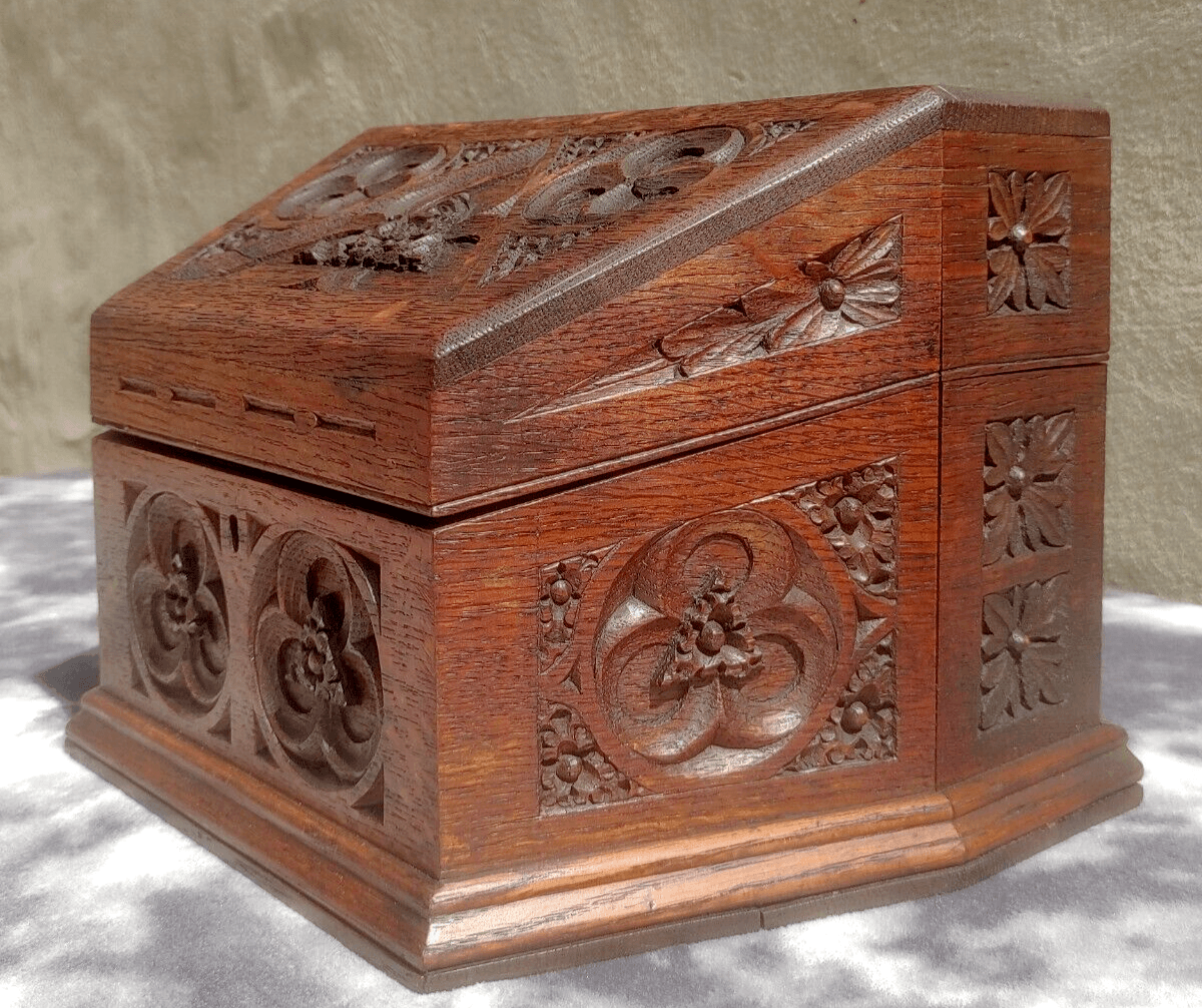 19th Century Gothic Church Ecclesiastical Antique Carved Oak Wood Stationery Box - Tommy's Treasure