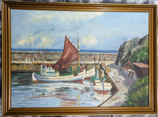 Vintage 20th Century Danish Oil Painting Svend Aage Arvidsen Marine Harbour Art