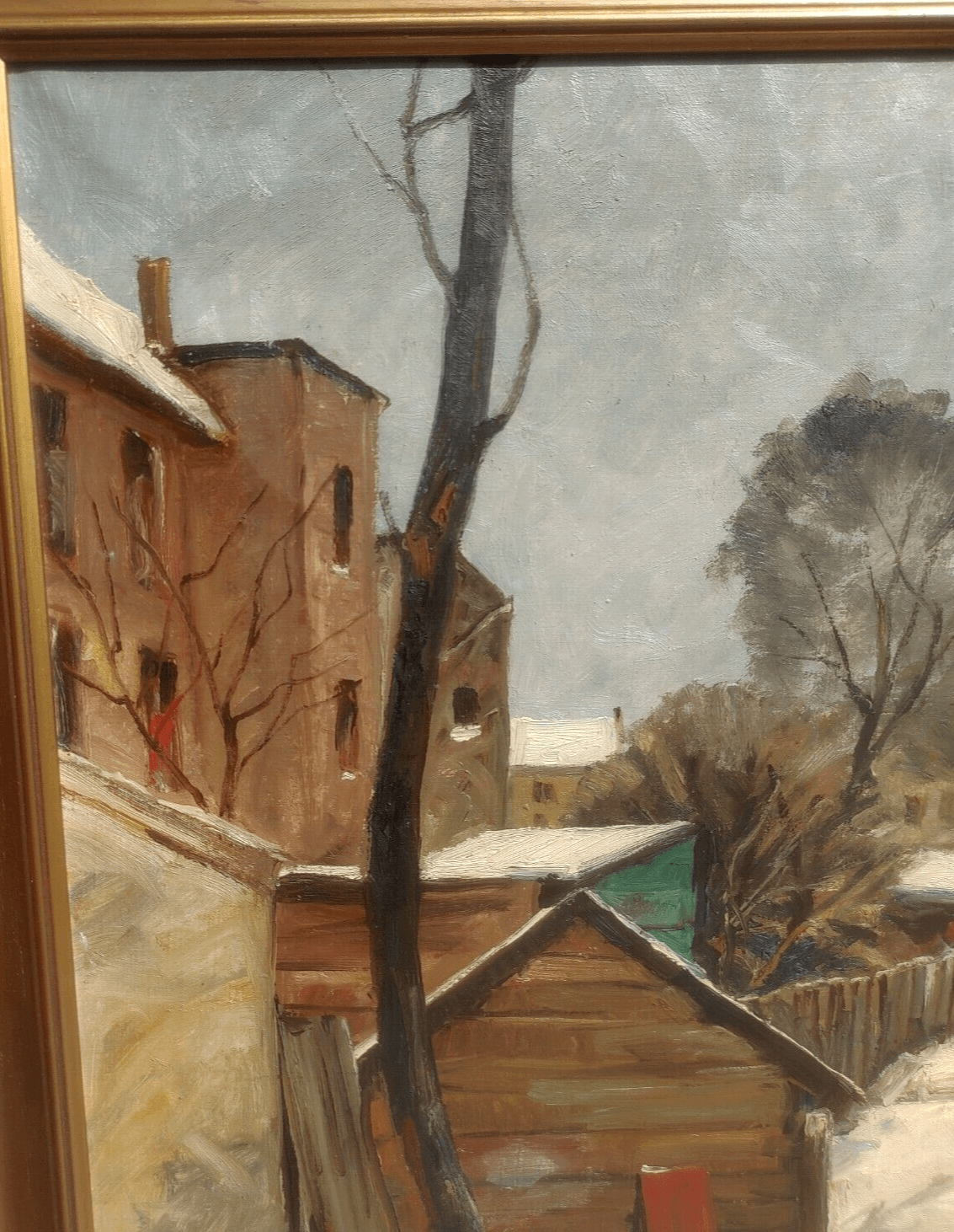 Jacob Meyer (Denmark, 1895-1971) Winter Backyard Original Landscape Oil Painting - Tommy's Treasure
