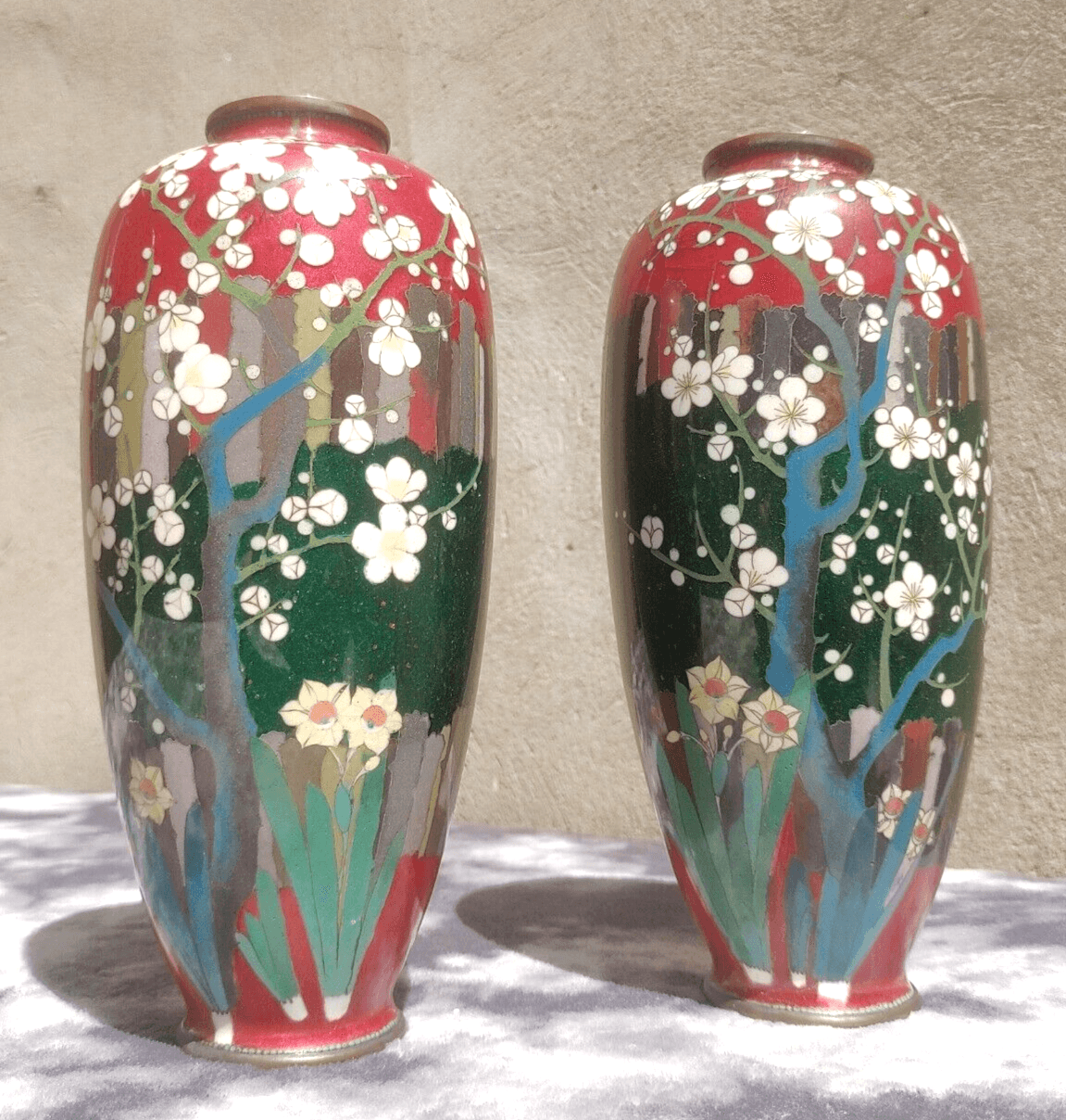 c.1895 Pair of Japanese Meiji Ginbari Cloisonne Vases 24 cm - Tommy's Treasure