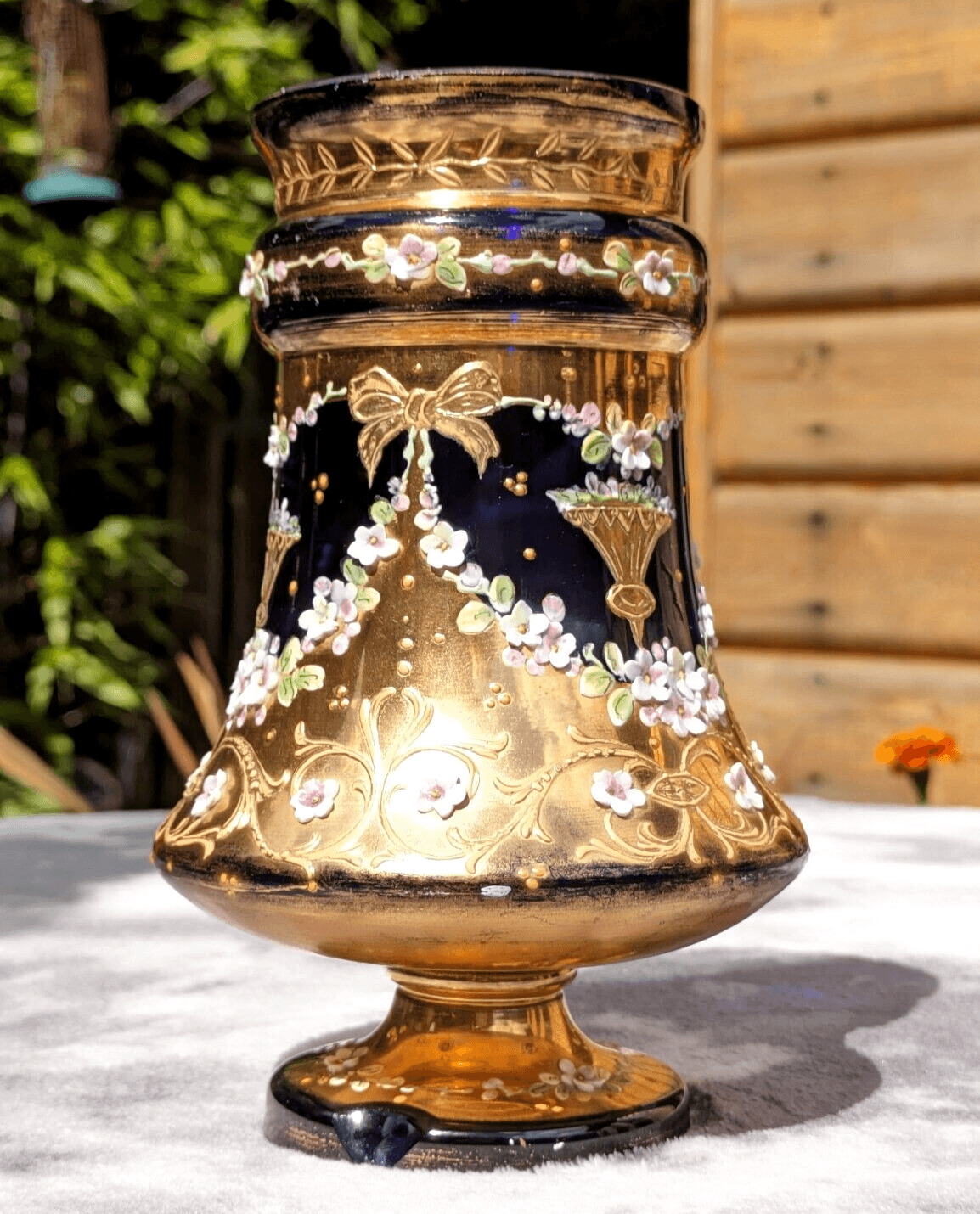 Vintage Czech Cobalt Blue Gilt Bohemian Glass Vase Hand Painted Enameled Flowers - Tommy's Treasure
