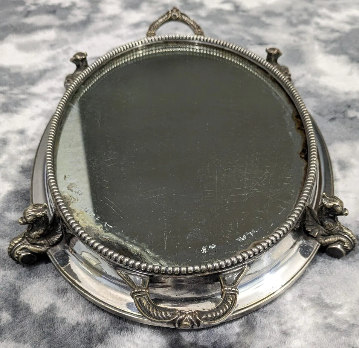 19th Century Victorian Oval Silver Plate Mirror Table Centerpiece Plateau Griffin Tray Antique 43 cm